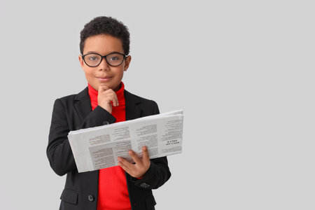 Little African-American boy reading newspaper on light background. Children's Day celebrationの写真素材