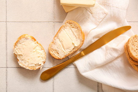 Sandwiches with processed cheese and herbs on white tile background