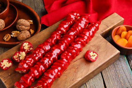 Board with tasty churchkhela on wooden backgroundの写真素材