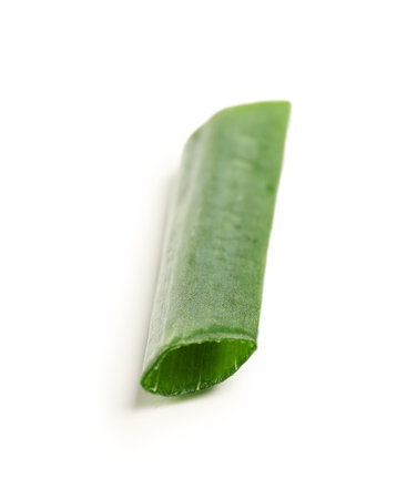 Piece of fresh cut green onion on white backgroundの写真素材