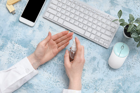 Woman applying hand sanitizer at blue table in officeの写真素材