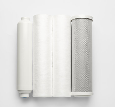 New water filter cartridges on gray backgroundの写真素材