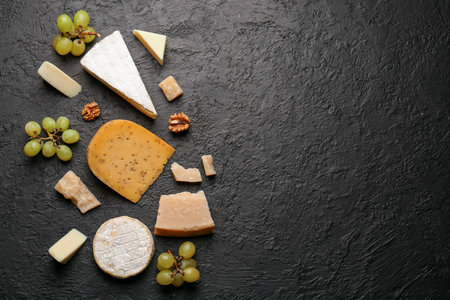 Different types of tasty cheese, nuts and grapes on dark backgroundの写真素材