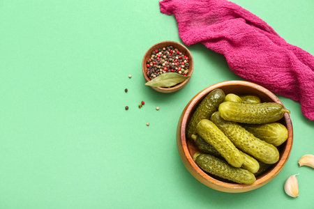 Bowl of tasty canned cucumbers with ingredients on pale green backgroundの写真素材