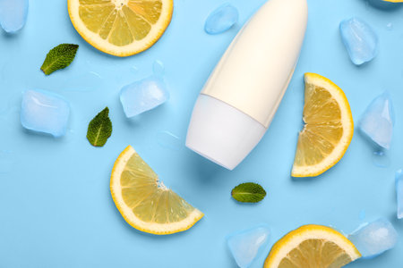 Deodorant with lemon slices, mint and ice on blue backgroundの写真素材