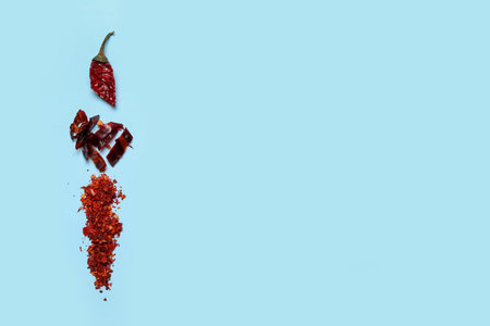 Composition with dry hot chili peppers on blue background