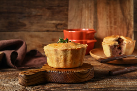 Board with tasty meat pot pie on wooden backgroundの写真素材