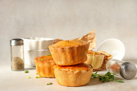 Tasty meat pot pies on light backgroundの写真素材