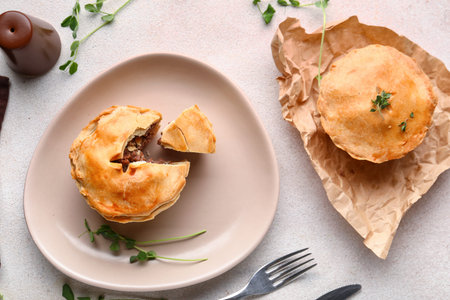 Plate with tasty meat pot pies on light background