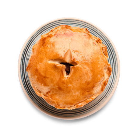 Plate with tasty meat pot pie on white background