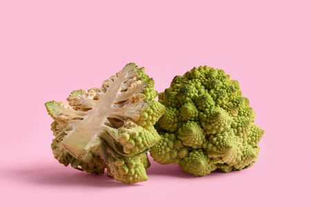 Fresh cut and whole Romanesco broccoli on pink backgroundの写真素材