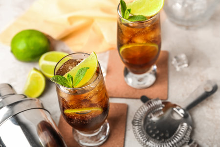 Glasses of cold Cuba Libre cocktail on light backgroundの写真素材