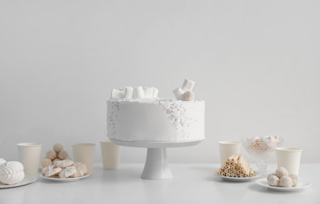 Birthday cake and sweets on white table near wallの写真素材
