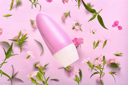 Deodorant bottle and flowers on pink background