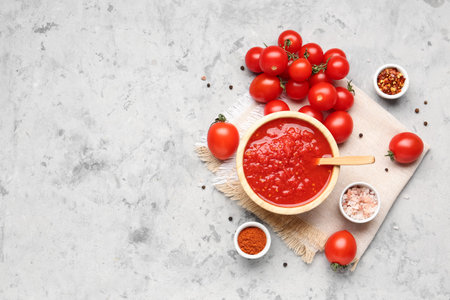Bowl with tasty tomato sauce and fresh vegetables on grunge backgroundの写真素材