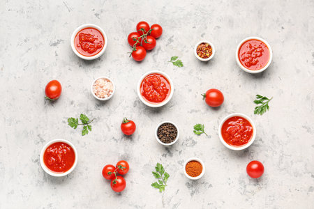 Bowls with tasty tomato sauce and ingredients on grunge backgroundの写真素材