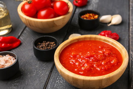 Bowl with tasty tomato sauce on dark wooden backgroundの写真素材