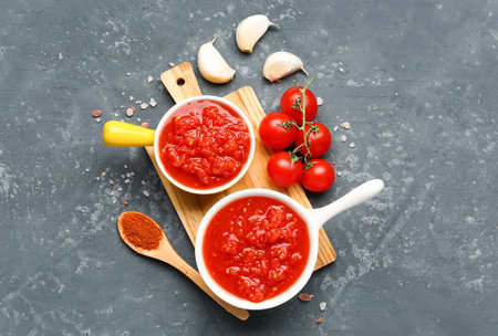 Bowls with tasty tomato sauce and fresh vegetables on blue backgroundの写真素材