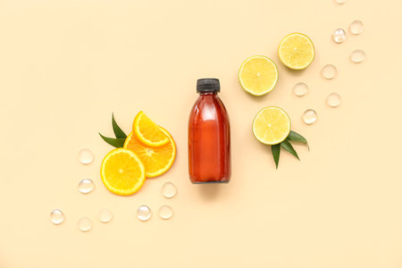 Bottle of cosmetic product with fruits slices and glass stones on beige backgroundの写真素材