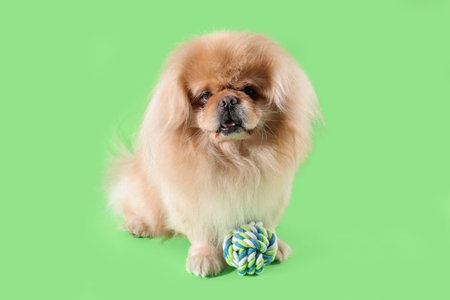 Cute dog with toy on green background