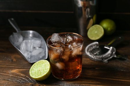 Glass of tasty Cuba Libre cocktail on dark wooden background
