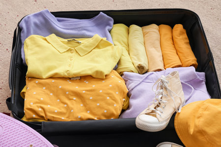 Open suitcase with clothes on beige carpet, closeupの写真素材