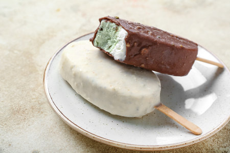 Plate with tasty chocolate covered ice cream on light background, closeup