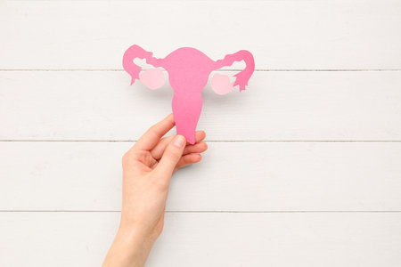 Woman with paper uterus on white wooden background. Hormones concept