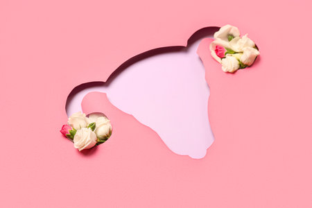 Cut pink paper in shape of uterus with roses on lilac backgroundの写真素材
