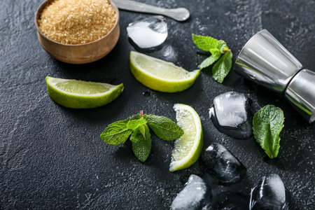 Ingredients for preparing mojito on dark backgroundの写真素材