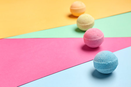 Bath bombs on color background, closeupの写真素材