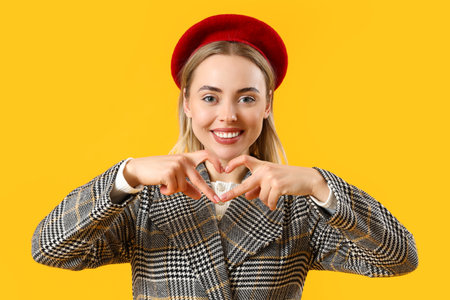 Stylish young woman making heart with her hands on yellow background, closeupの写真素材