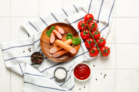 Plate of tasty sausages with basil and tomatoes on white tile backgroundの写真素材