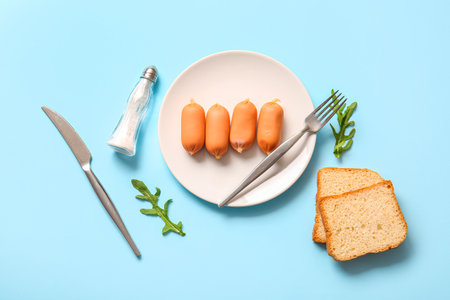Plate of tasty boiled sausages with bread and arugula on blue backgroundの写真素材