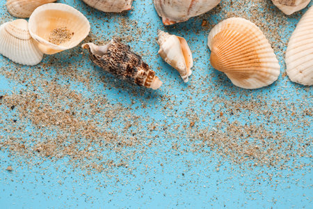 Sand and shells on blue background