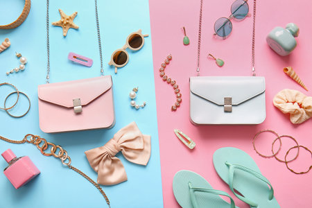 Stylish bags and different accessories on colorful backgroundの写真素材