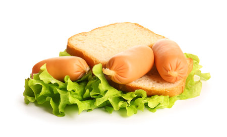 Tasty boiled sausages with lettuce and bread on white backgroundの写真素材