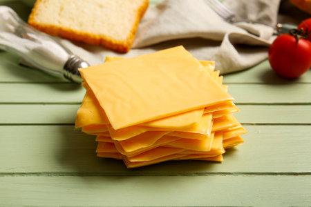 Slices of tasty processed cheese on green wooden backgroundの写真素材