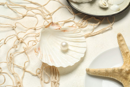Plates with seashells, starfish and net on light background