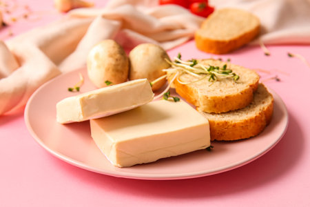 Plate with processed cheese, mushrooms, microgreens and bread on pink backgroundの写真素材
