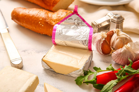 Processed cheese with bread and vegetables on grunge background