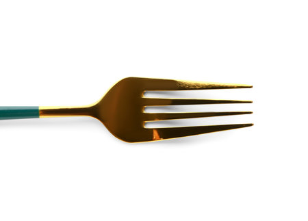 Stainless steel fork isolated on white backgroundの写真素材