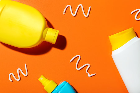 Different sunscreen creams on orange backgroundの写真素材