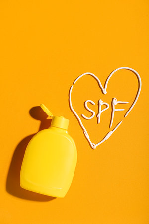 Drawing of heart and word SPF made with sunscreen cream on orange backgroundの写真素材