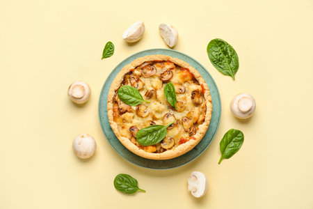 Mushroom pie with spinach leaves and champignons on yellow background
