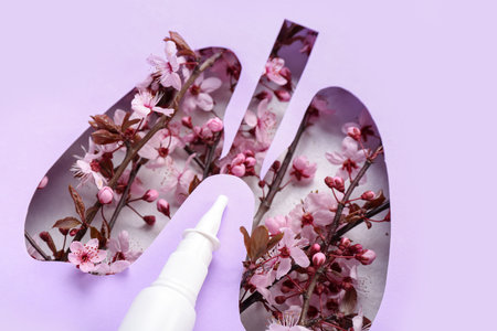 Nasal drops with blooming branches visible through cut lilac paper, closeup. Seasonal allergy...