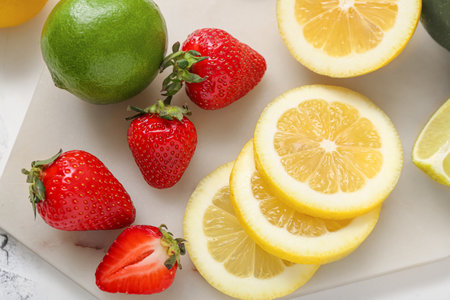 Board of fresh strawberries with lemon and lime, closeupの写真素材