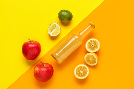 Composition with bottle of tasty soda, apples and lime on color backgroundの写真素材