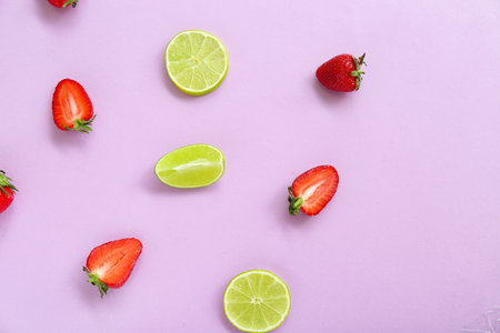 Fresh strawberries with lime on lilac backgroundの写真素材