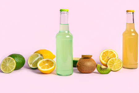 Bottles of fresh soda and fruits on purple backgroundの写真素材